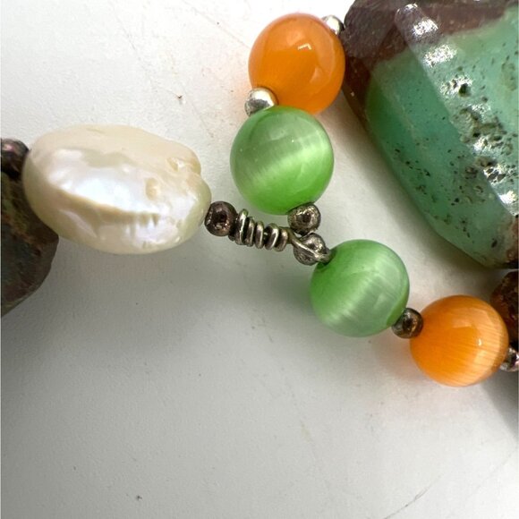 Artisan Chrysoprase Nugget 18" Necklace 925 Hook Pearls Agate Glass Beads Chunky - Picture 6 of 13